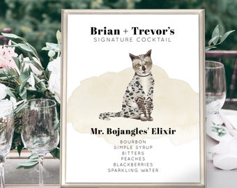 Signature Cocktail Sign > Cat Portrait, Custom Signature Drink Print for Wedding Bar