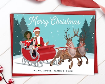 Couple Portrait Holiday Card, Personalized Printed Christmas Cards with Envelopes, Santa Sleigh & Reindeer, Cartoon with Pet, 100% Recycled