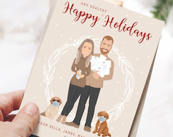 Custom Pandemic Portrait Cards, Family Cartoon Wearing Masks (5x7 Recycled Paper)