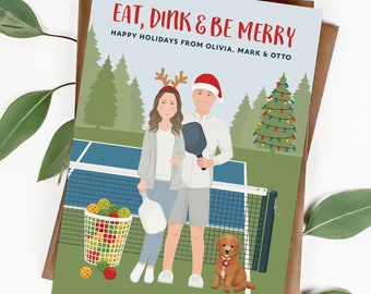 Personalized Christmas card > Pickleball holiday card with unique cartoon, Custom family portrait card, Printed Christmas cards