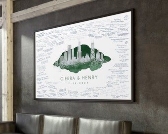 Wedding Guest Book Alternative, Chicago Skyline Canvas Guest Book Gift, Custom Skyline Guestbook, Faux Silver and Forest Green Watercolor