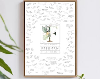 Monogram Guestbook Alternative, wedding logo canvas guest book print, greenery with gold monogram, last name custom framed guestbook {mow}