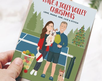 Pickleball Christmas card > Personalized holiday card with unique portrait, Custom family cartoon card, Printed Christmas cards