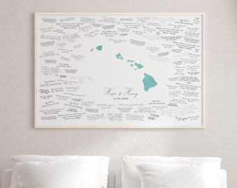 Hawaiian Wedding GUEST BOOK Alternative, Hawaii Wedding Map Guestbook for Wedding in Honolulu, Aqua Watercolor Wedding Canvas to Sign {mfo}