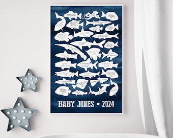 Baby Shower Guest Book Alternative with Sea Life Shapes, Navy Blue Canvas print for Guests to Sign at a Baby Shower, Can be Personalized