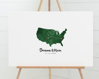 Wedding GUEST BOOK alternative, Map of United States with Heart Arrow connecting hometown cities or states, forest green watercolor {mfo}