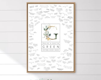 Wedding Guest Book Alternative, custom monogram guestbook canvas, greenery and gold initial with last name, large framed guest book {mow}