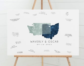 Custom Wedding Guest Book Alternative, Washington and Ohio wedding, state map overlap guest book, dusty miller and navy watercolor {moa}