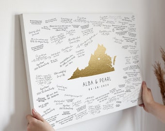Wedding GUEST BOOK alternative, Virginia state map guest book for Richmond wedding, wedding guest book signs, faux gold watercolor art {mfo}