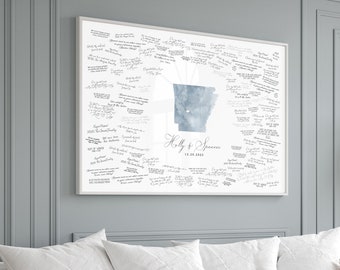 Wedding GUEST BOOK Alternative Sign for Hot Springs Wedding, Arkansas State Map Guestbook Signature Sign, Dusty Blue Watercolor Art {mfo}