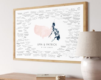 WEDDING Guest Book Alternative, United States and the Philippines, custom country map overlap guestbook, blush and navy watercolor art {moa}