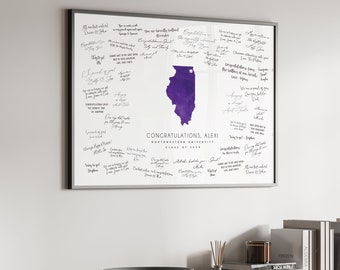 Graduation GUEST BOOK Alternative, Purple Watercolor, Custom School and State, Northwestern University Shown, Illinois Map Guestbook {mfo}