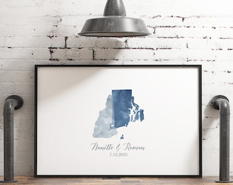 Guest Book Alternative Wedding, Personalized Guestbook Canvas, Cobalt And Dusty Blue Watercolor State Map, New Hampshire, Rhode Island {mfm}