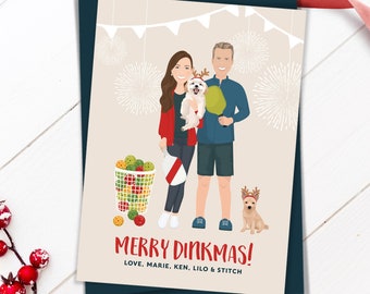 Pickleball holiday card > Personalized Christmas cards with custom portrait, Unique family cartoon card, Printed Christmas cards