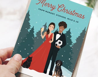 Personalized Christmas cards with custom portrait, Unique family cartoon card, Printed Christmas cards with accessories, Soccer & Champagne