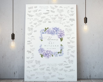 Bat Mitzvah Guest Book with Purple Hydrangea, Custom Bat Mitzvah Guestbook Alternative, Bat Mitzvah Sign in Board, Bat Mitzvah Gift for Her