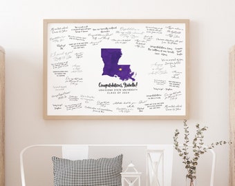 Graduation GUEST BOOK Alternative, Purple Watercolor, Louisiana Map Guestbook, Custom School & State, Louisiana State University Shown {mfo}