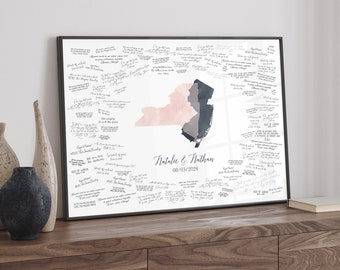 Custom WEDDING Guest Book Alternative, New York and New Jersey wedding, state overlap guestbook canvas, blush and dark gray watercolor {moa}