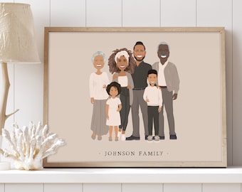 Custom family portrait gift for Mother's Day, Personalized family illustration on Beige, Unique family gift idea for Parents or Grandparents