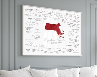 Graduation Party GUESTBOOK, Custom School, State Map, Harvard Medical School with Caduceus Icon Shown, Carnation Red Watercolor {mfo}