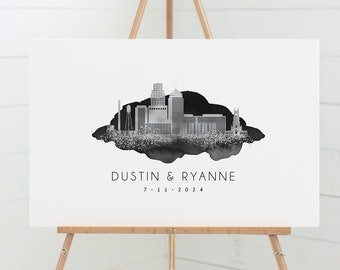 Wedding Guest Book Alternative for Durham Wedding, Custom City Skyline Guestbook Canvas, Onyx and Silver Watercolor, North Carolina Wedding