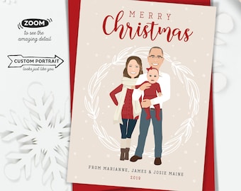 Custom Family Portrait Christmas Card > Cute Holiday Card Idea, Christmas Cards with Custom Family Portrait and Baby Announcement