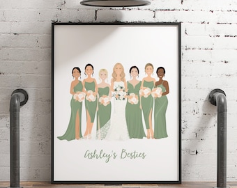 Custom Bridal Party Portrait in Green with Tropical Flowers, Custom Drawing from Photo, Fun Christmas Gift for Bride or Newlywed Best Friend