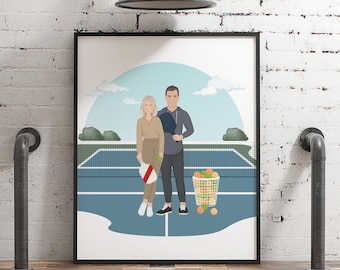 Custom Pickleball Portrait from Photos, Fun Portrait of Couple Holding Paddles on a Pickleball Court, Mothers Day Gift for Pickleball Wife