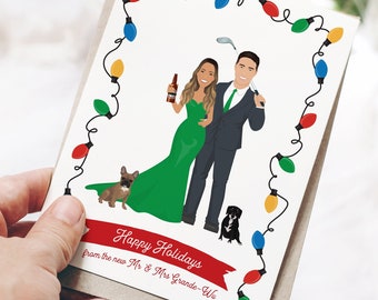 Couple holiday cards with Christmas lights, Personalized cartoon portrait of couple with dogs, Custom Christmas cards for newlyweds