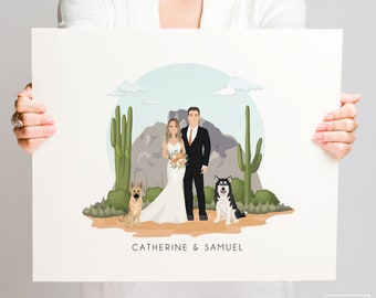 Custom couple wedding portrait sign with dogs > Personalized family drawing with cactus  • Unique Christmas gift for wife • DESERT SCENE