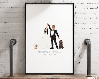 Portrait guest book alternative canvas • Custom wedding cartoon with dogs • First dance art • Personalized couple dancing drawing from photo