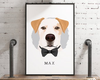 Cartoon Pet Portrait with Bow Tie  > personalized dog portrait canvas, custom wall art print, large framed dog drawing from photo