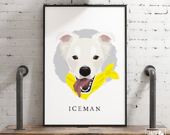 Cartoon Pet Portrait  > custom white dog portrait canvas, personalized pet home decor, large framed pet drawing from photo