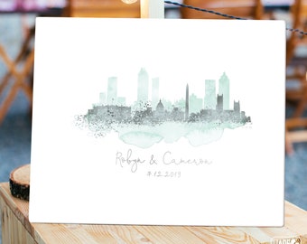 Wedding Guest Book Alternative Sign > Washington DC & Atlanta skyline guestbook • Mint watercolor and faux metallic silver canvas print