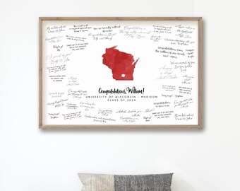 GRADUATION SIGNATURE SIGN, Guest Book Alternative, Custom School and State, University of Wisconsin Class of 2024, Red Watercolor {mfo}