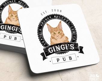 Pet Portrait Drink Coaster > Custom Cat Drawing on Square or Round Coasters, Fun Wedding Favor Idea