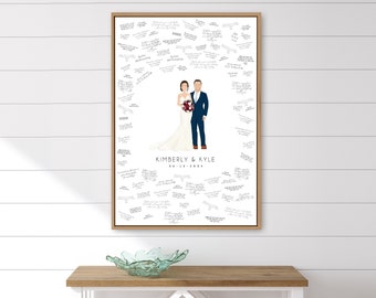 custom wedding guestbook alternative, bride and groom portrait canvas print, personalized wedding caricature, newlywed couple holding hands