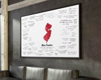 Graduation SIGNATURE SIGN, Custom School and State, Rutgers University Graduation Map Guest Book, New Jersey, Scarlet Red Watercolor {mfo}