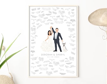 custom wedding portrait guestbook alternative with dog, personalized wedding cartoon, anniversary gift idea, frame to sign, first dance art