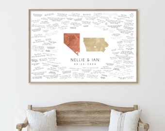 Wedding Guest Book Alternative, custom state and city, Las Vegas Nevada and Des Moines Iowa, clay and straw watercolor guestbook map {mfm}