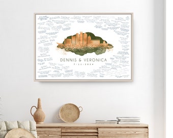 Wedding Guest Book Alternative for Denver Wedding, Custom City Skyline Canvas Guestbook Gift, Faux Copper and Dark Olive Green Watercolor