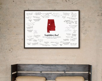 Graduation Party GUESTBOOK, Custom School and State Map Graduation Signature Sign, The University of Alabama, Carnation Red Watercolor {mfo}