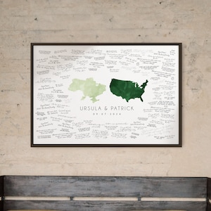 wedding GUEST BOOK alternative, Ukraine and USA wedding guest book, can be personalized, pistachio and forest watercolor guestbook map {mfm}