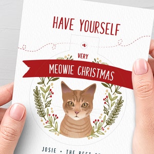Cat Christmas Card > Custom Pet Portrait Christmas Cards, Meowie Xmas Card with Ginger Tabby Cat Illustration