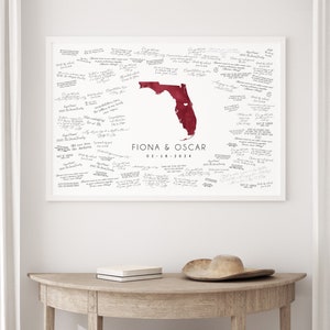 Wedding GUEST BOOK alternative, Florida state map guest book for Orlando wedding, wedding guest book signs, dark red watercolor art {mfo}
