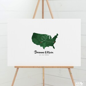 Wedding GUEST BOOK alternative, Map of United States with Heart Arrow connecting hometown cities or states, forest green watercolor {mfo}