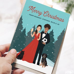Personalized Christmas Cards with Cartoon Portrait, Unique Family Portrait Card, Printed Christmas Card with Accessories, Soccer & Champagne