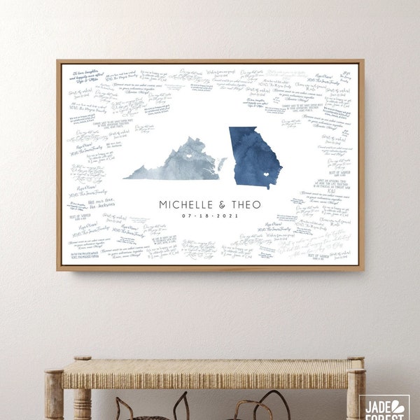 Wedding Guestbook Alternative > personalized guest book canvas, dusty blue watercolor state map (shown: Virginia and Georgia) {mfm}