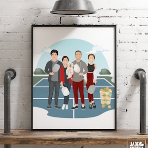 May include: A digital illustration of a family of four and their dog playing pickleball. The family is standing on a blue pickleball court with a green fence in the background. The family is wearing casual clothing and holding pickleball paddles. The dog is white and is sitting in front of the family.