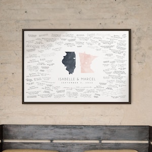 Wedding Guest Book Alternative with Two State Maps, Illinois and Minnesota Shown, Can Be Personalized, Dark Gray and Blush Watercolor {mfm}